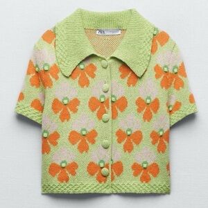 Zara Vintage Floral Print Knitted Short Sleeve Cropped Cardigan Sz XL